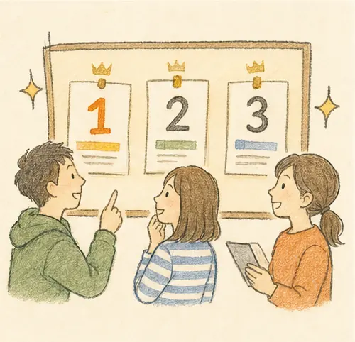 ランキング表を見ながら講座を比較する人たちの手書き風イラスト